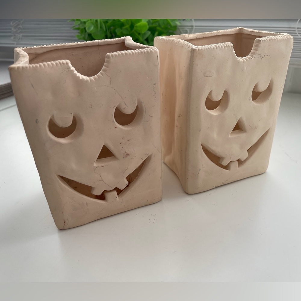 2 Ceramic Paper Bag Pumpkin Jack-O-Lantern Halloween Tealight Luminaries